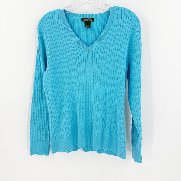 Eddie Bauer Blue V-Neck Long Sleeve Cable Knit Pullover Sweater Size Large FLAW - Picture 1 of 10